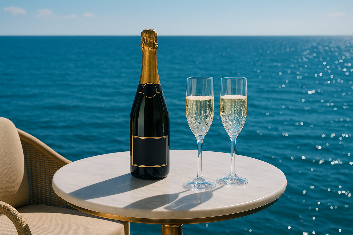 creami un immagine dove si vede un tavolino elegante cn sfnd un mare azzurro e una bottiglia di champagne con i bicchieri sul tavlo